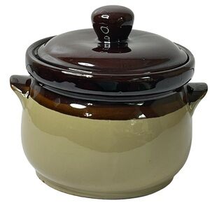 Vintage 7" Ceramic Brown Tan Glazed Bean Soup Tureen Pot With Lid